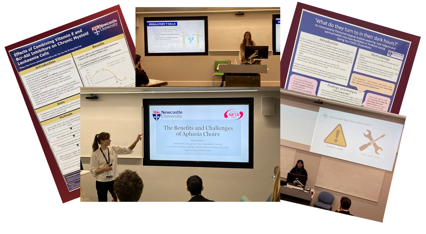 A medley of photos of student presentations and posters from BCUR23